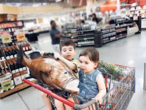 boy and girl toddlers in grocery cart holding plastic fish