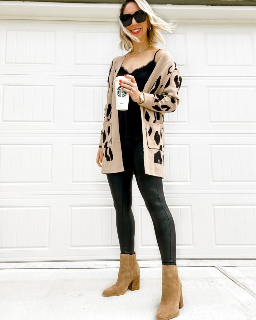 capsule-wardrobe-pieces-leopard-cardigan-spanx-leggings-lady-standing-with-coffee-cup