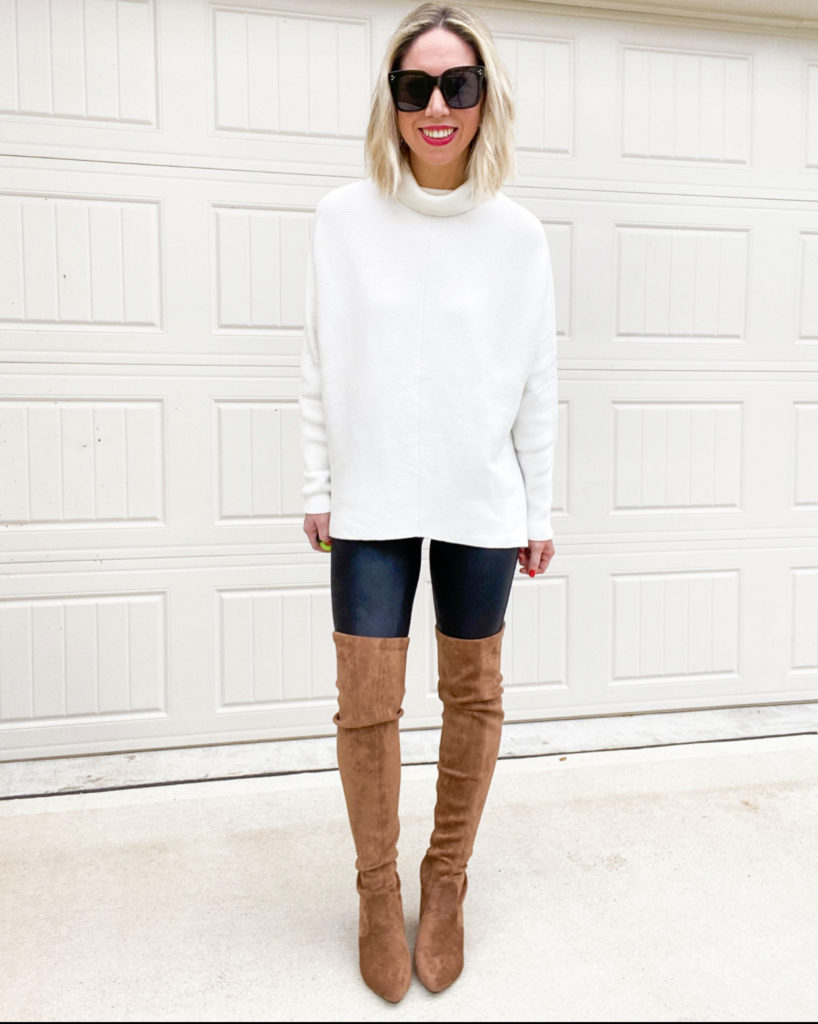 leather leggings outfit - taupe over the knee boots, white sweater