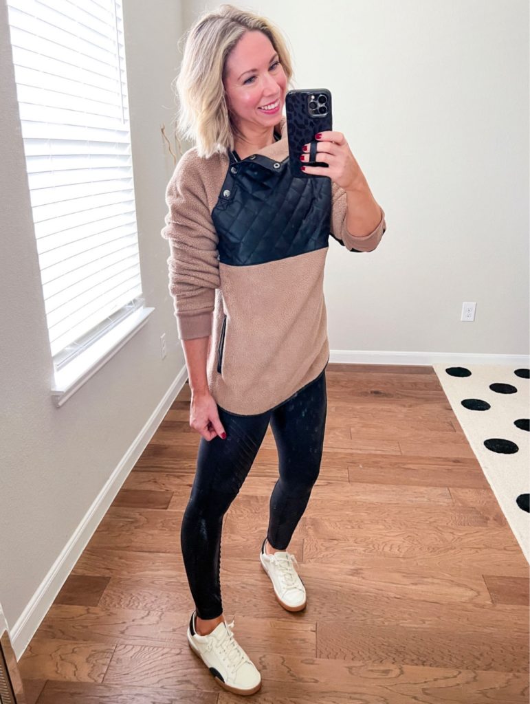 3 ways to wear @spanx Faux Leather Leggings… maternity version! I shared a  reel last year and it went viral so i i wanted to do it agai