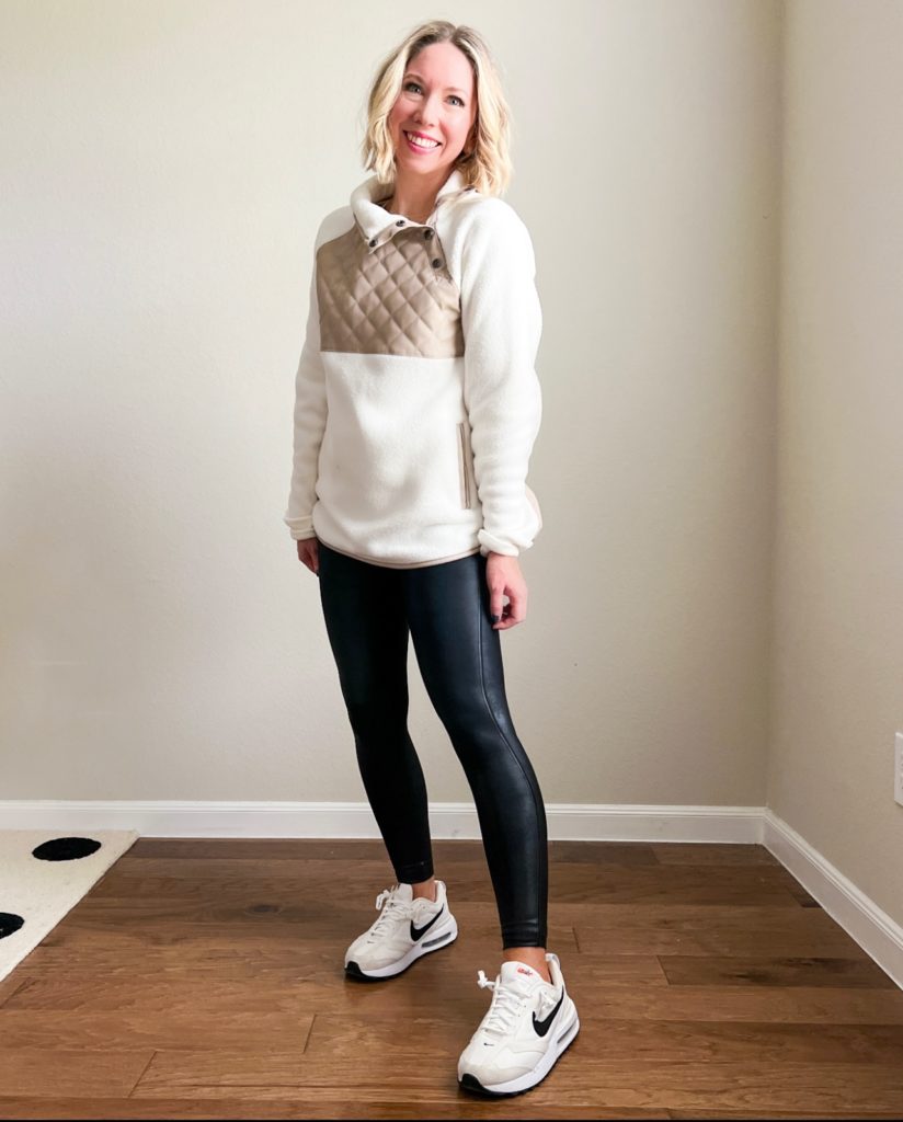 Faux leather pants, sneakers, and an oversized sweater…a favorite